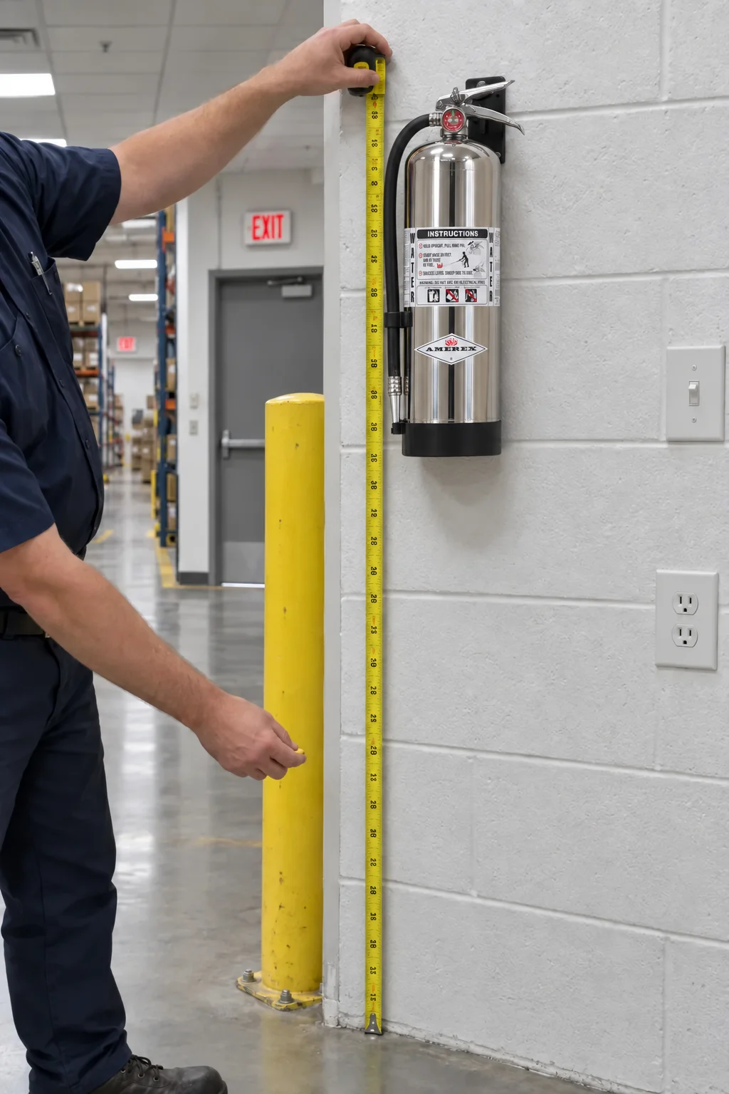 Technician measuring the mounting height of a wall-mounted fire extinguisher with a tape measure