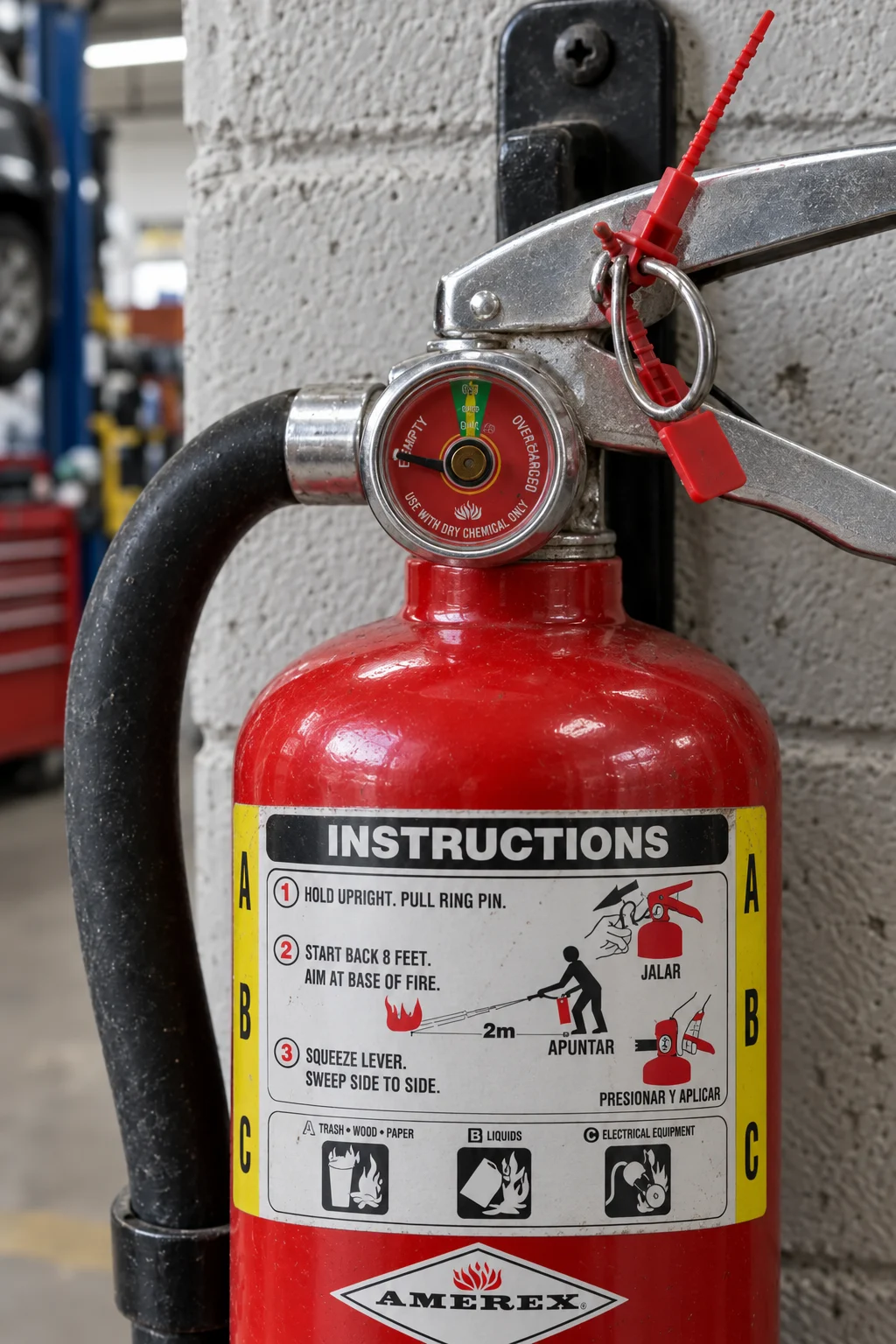 Close-up of a fire extinguisher gauge and pull pin, the kind of unit that should be exchanged after use or pressure loss
