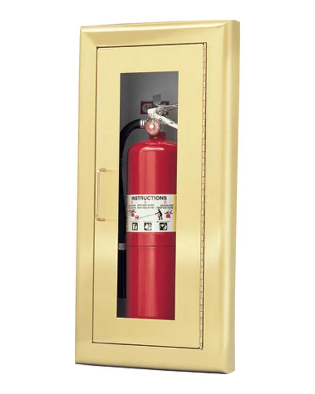 Larsen's brass-finish fire extinguisher cabinet with a clear door