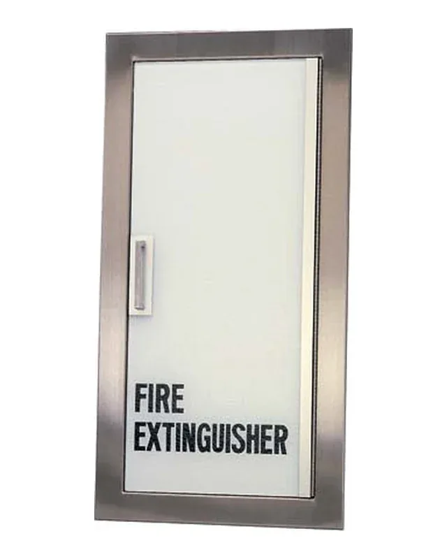 Larsen's stainless steel fire extinguisher cabinet with a solid lettered door