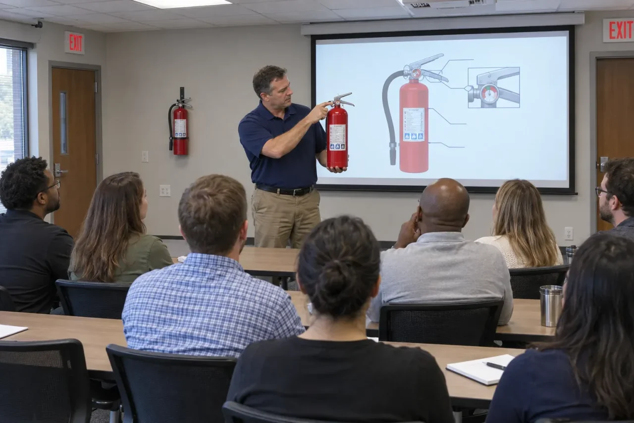 Instructor showing a fire extinguisher to employees during a workplace training class